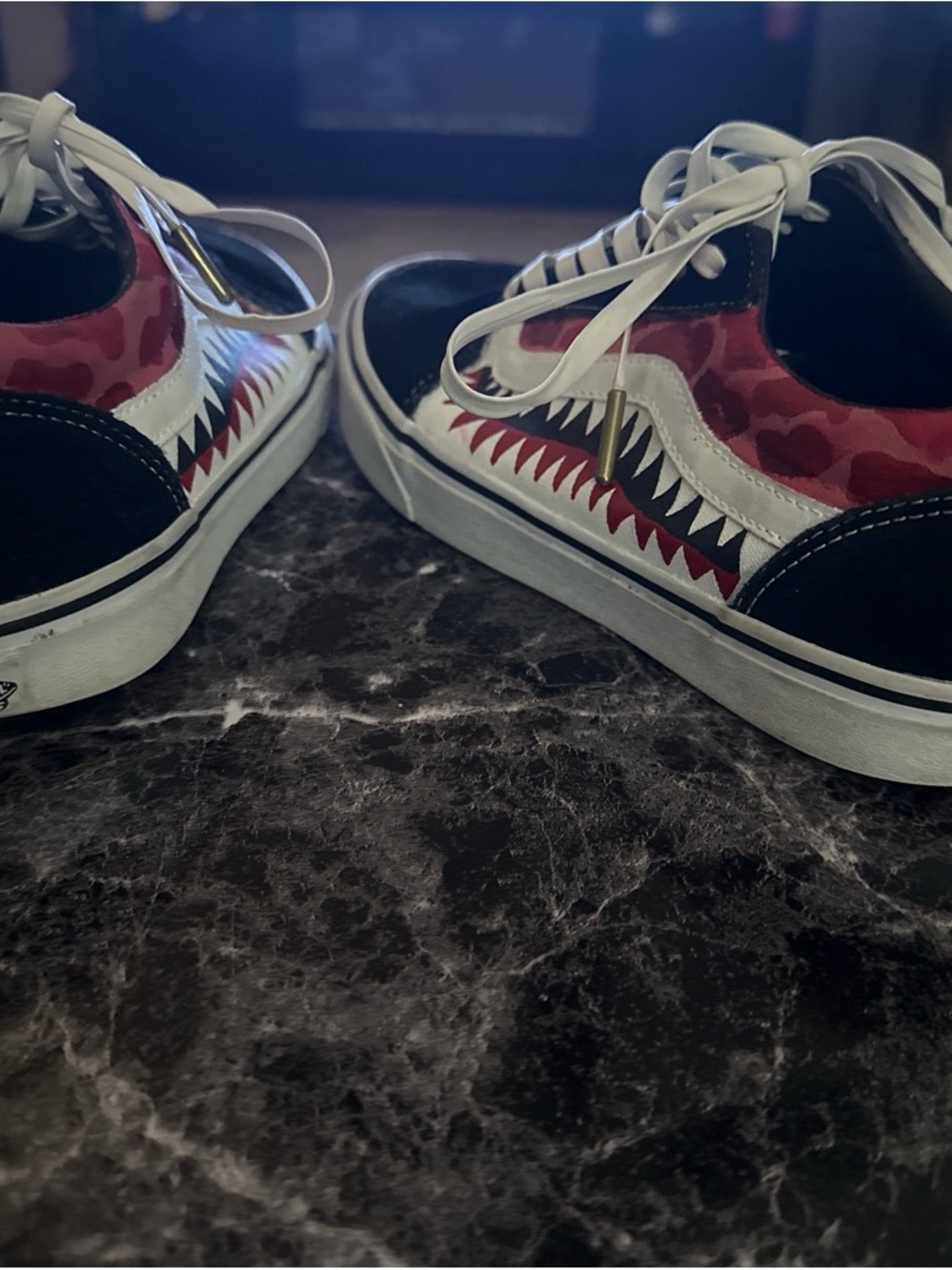 Custom Vans Black & Red Low-Top Skate Sneakers with Shark Tooth Graphic - Picture 3 of 4